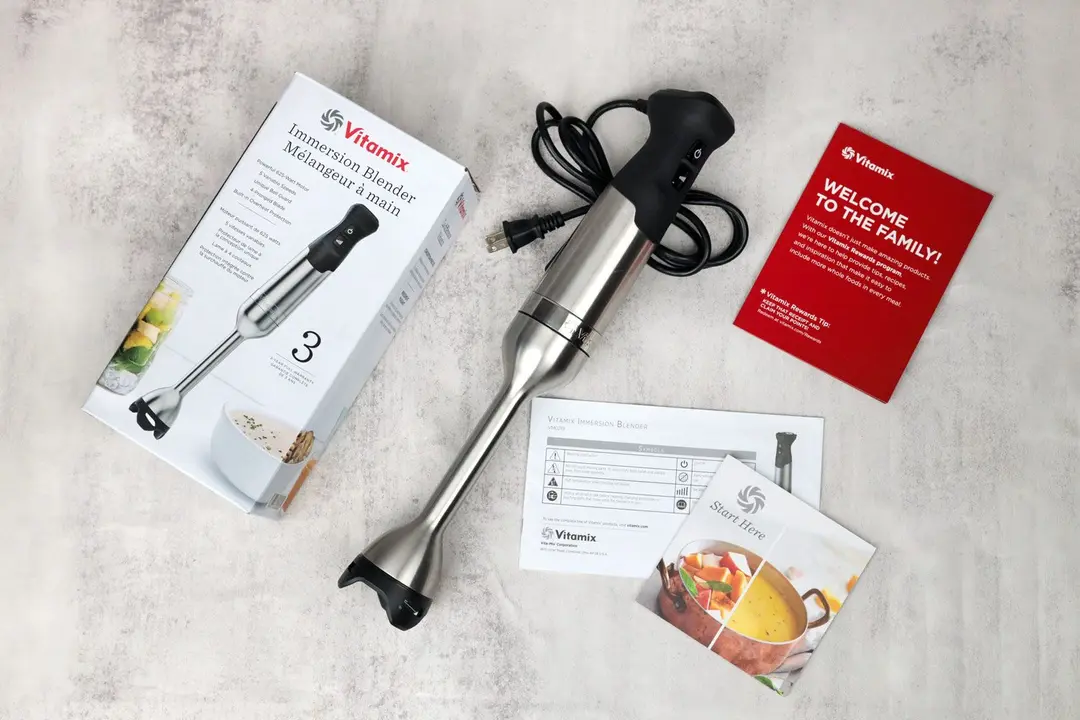 The Vitamix Hand Blender is shipped with a carton box, an immersion blending wand, a motor body, and owner’s manuals.