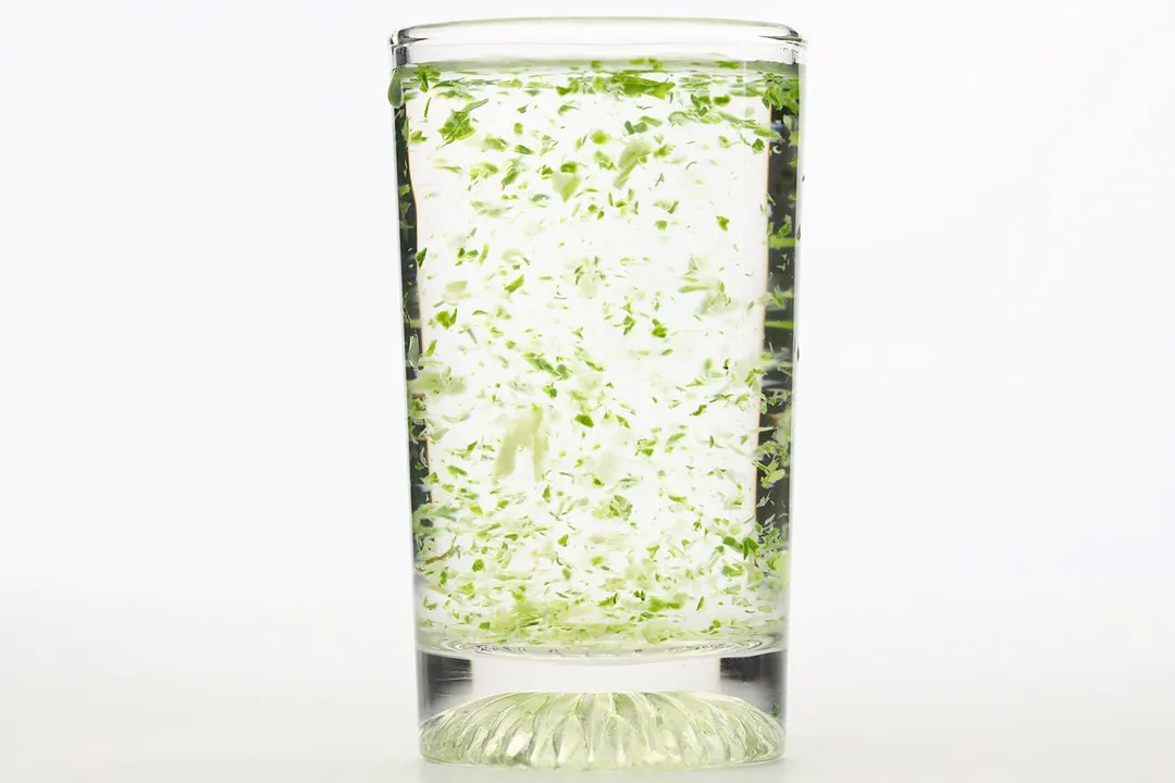 A glass of water with fibrous green pulp produced by the Ninja Fit personal blender.