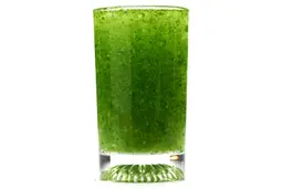 A glass of water combined with fibrous greens pulp produced by the Magic Bullet Single-Serve Blender.