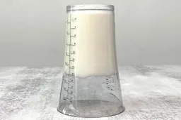 Putting a plastic beaker containing beaten egg-white of the Mueller Ultra-Stick upside down on a gray table.
