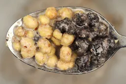 Scooping a spoon of solid chunks including dried blueberries and almonds that the Magic Bullet 11-Piece personal blender was unable to pulverize in the test of preparing protein shake from a stainless steel mesh strainer.