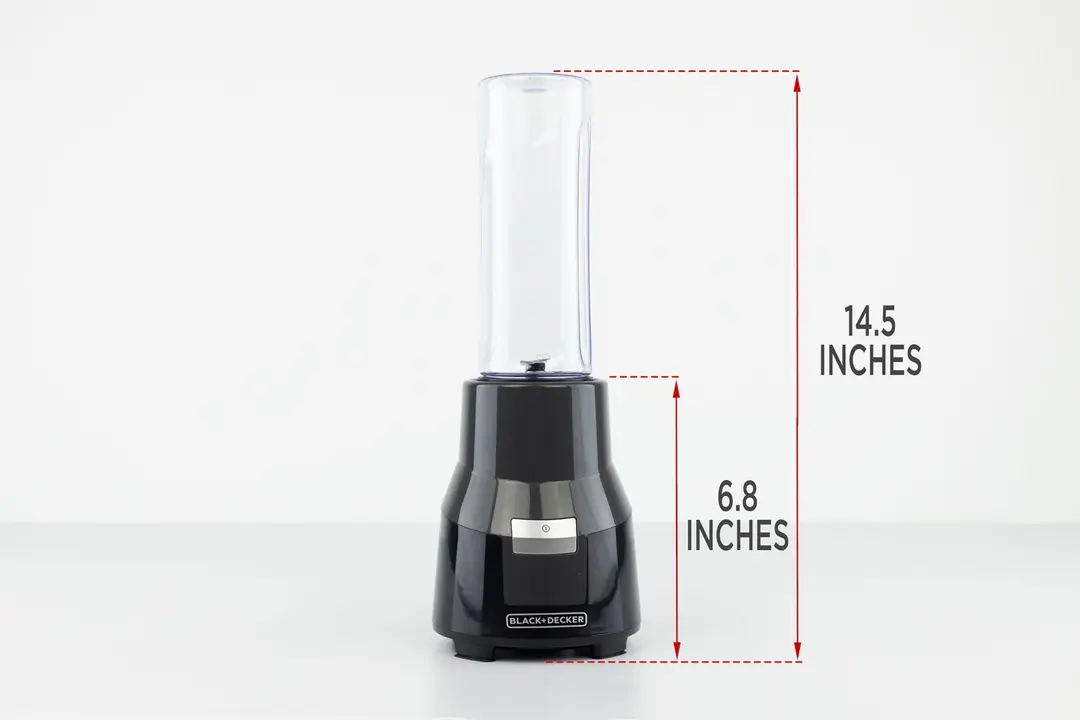The Black+Decker Fusionblade personal blender standing on a gray table, with the length of its motor base being noted to the side as 6.8 inches, and the total length of the unit as 14.5 inches.