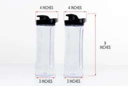 Two blending cups of the Black+Decker Fusionblade personal blender standing on a table, with the width of their top and bottom being noted to the side as 4 inches and 3, respectively, and the total length of the unit as 9 inches.