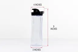 The blending cup of theBlack+Decker Fusionblade personal blender standing on a table with dimension measurements written to the side (4x9x3 inches).