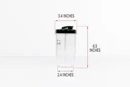 The blending cup of the KOIOS Bullet personal blender standing on a table with dimension measurements written to the side (3.4x4x2.2 inches).
