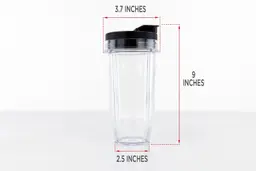 The blending cup of the Magic Bullet personal blender standing on a table with dimension measurements written to the side (3.7x9x2.5 inches). 