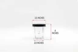 The blending cup of the Magic Bullet personal blender standing on a table with dimension measurements written to the side (3.5x4x2.8 inches).