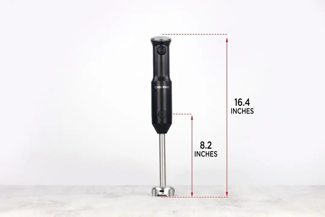 The Chefman cordless immersion blender standing on top of its blending shaft on a gray table, with the length of the blending shaft being noted to the side as 8.2 inches, and the total length of the unit as 16.4 inches.