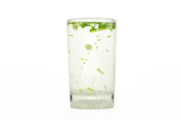 A glass of water with fibrous green pulp produced by the Ninja BN401 Nutri Pro Personal Blender sinking from its top to bottom.
