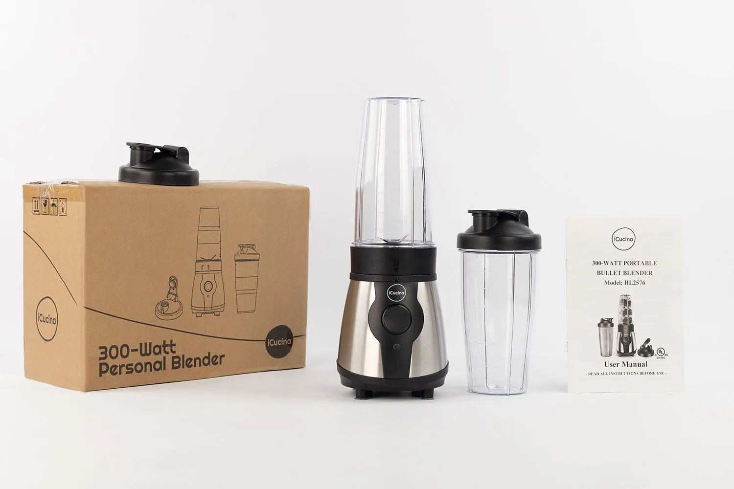 iCucina Personal Portable Bullet Blender 300 watt for shakes and smoothies, Easy Clean Shake Blender with One-Button Operation