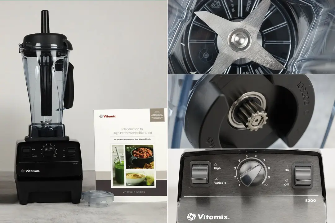 The Vitamix 5200 standing on a table with its user manual by its side, and a close-up of its blade assembly and control panel. 