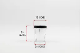 The blending cup of the BELLA personal blender standing on a table with dimension measurements written to the side ( 3.3x6.1x2.6 inches).