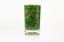A glass of water and with fibrous greens pulp produced by the PopBabies Single-Serve Blender.