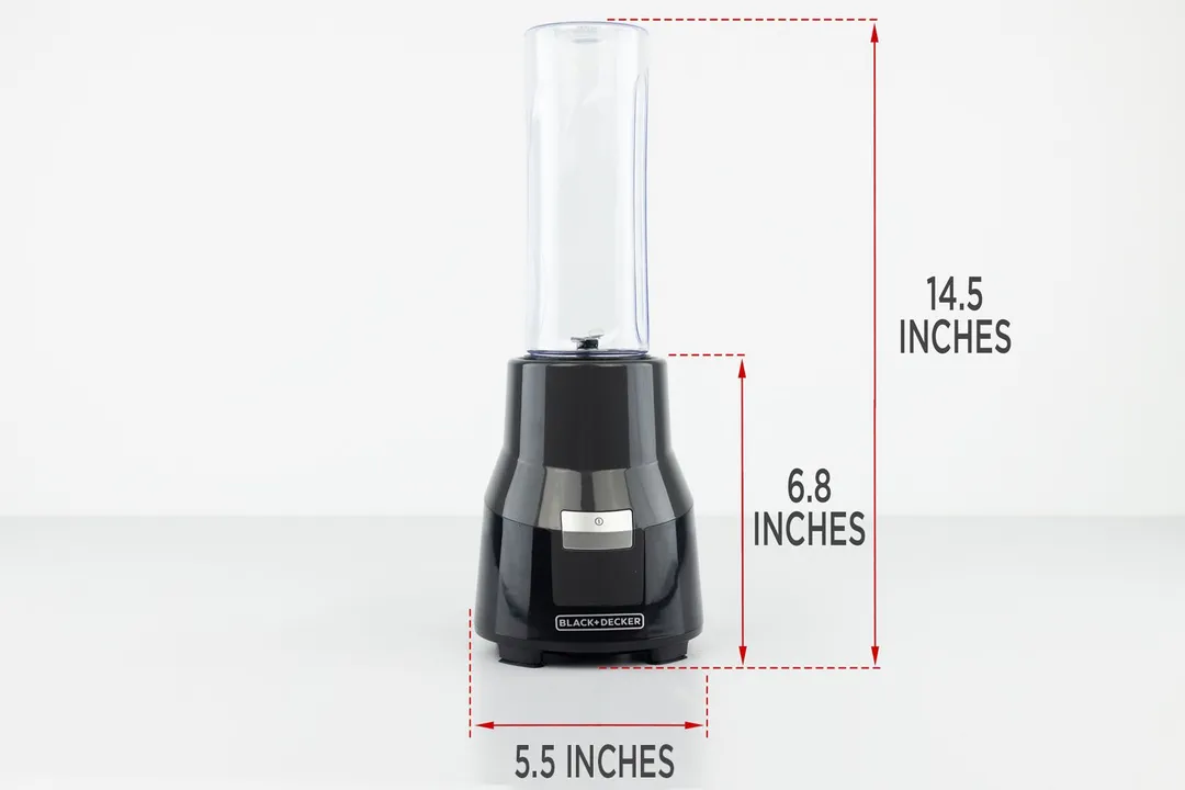 The Black+Decker Fusionblade personal blender standing on a gray table, with the length of its motor base being noted to the side as 6.8 inches, and the total length and width of the unit as 14.5 inches and 5.5 inches, respectively.