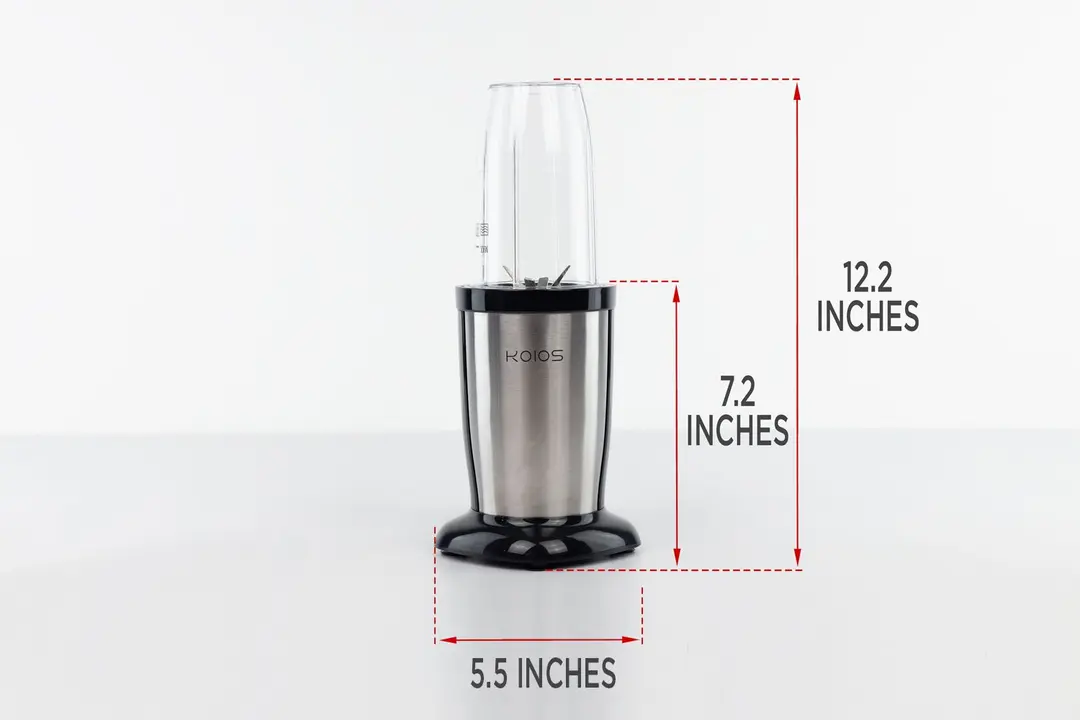 Koios Pro 850W Bullet Personal Blender standing on a gray table, with the length of its motor base being noted to the side as 7.2 inches, and the total length and width of the unit as 12.2 inches and 5.5 inches, respectively.