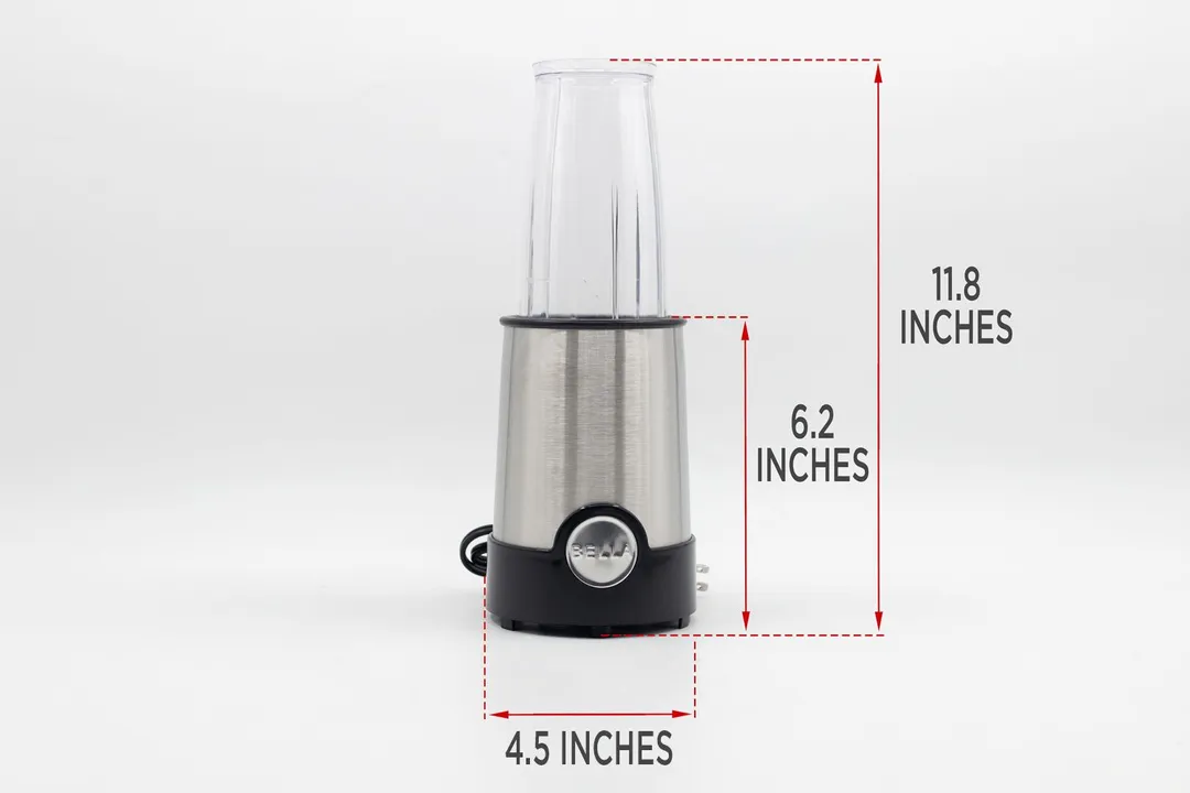 The BELLA The PopBabies portable blender standing on a table, with the length of its motor base being noted to the side as 6.2 inches, and the total length and width of the unit as 11.8 inches and 4.5 inches, respectively.