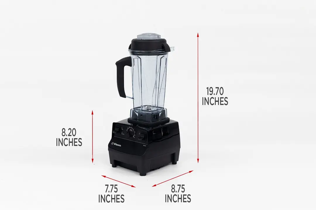 llustrated dimensions of the Vitamix 5200 Blender showing the height, depth, and width across in inches
