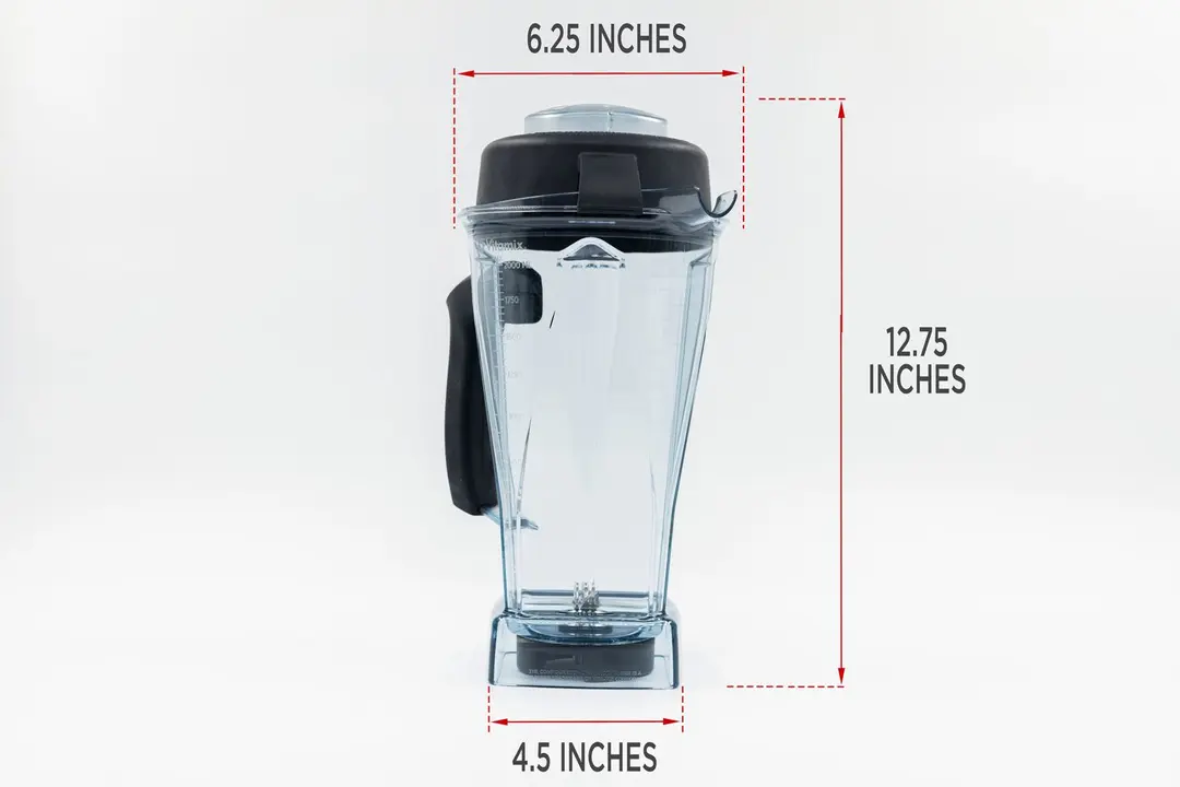 Illustrated dimensions of Vitamix 5200 Blender Blending Container showing the height, depth, and width across in inches