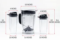 Illustrated dimensions of the NutriBullet ZNBF30500Z blending cups showing their heights and diameters in inches. 