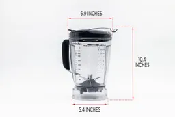 llustrated dimensions of the NutriBullet ZNBF30500Z 64-oz container showing the height, length, and width across in inches. 