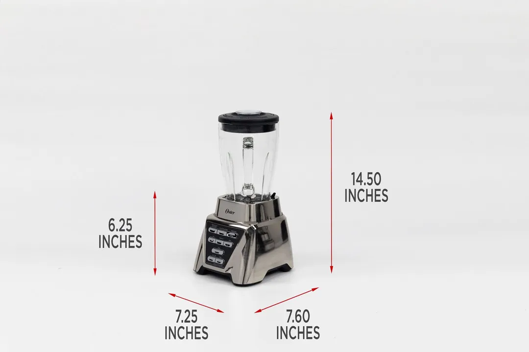 Illustrated dimensions of the Oster Pro blender showing the height, length, and width in inches