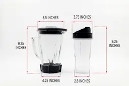 Illustrated dimensions of the Oster Pro blending containers showing their heights and diameters in inches.
