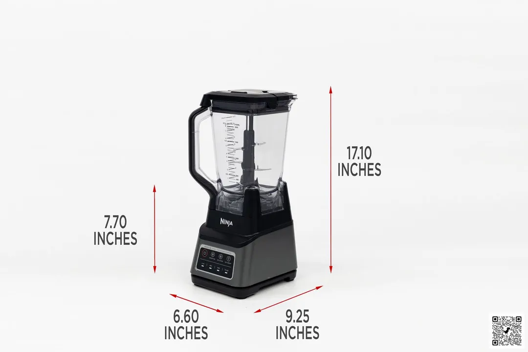 Illustrated dimensions of the Ninja BN701 Professional Plus blender  showing the height, length, and width in inches
