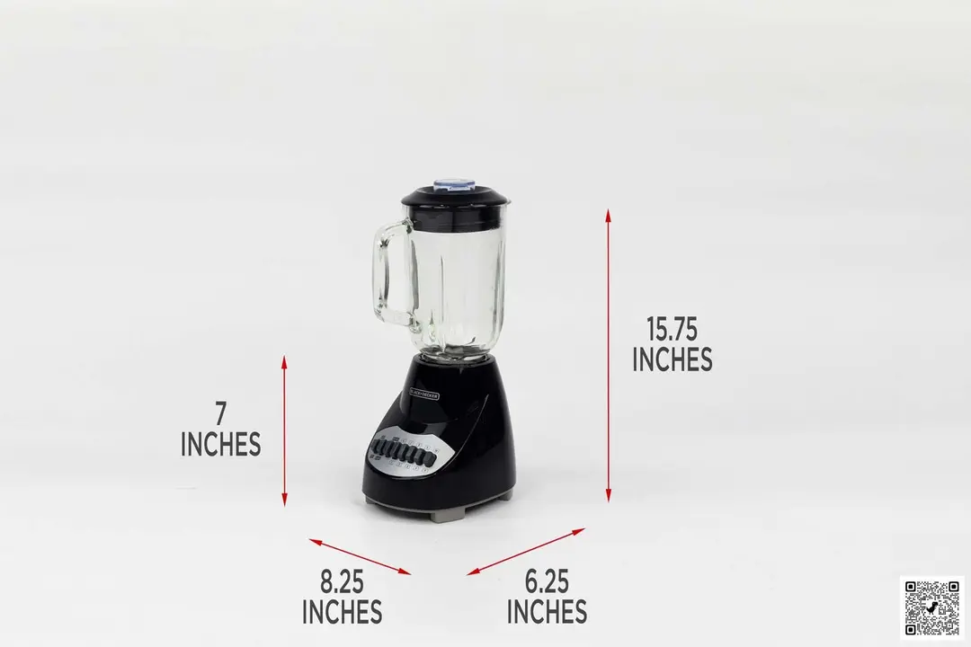 Illustrated dimensions of the Black+Decker Crush Master showing the height, length, and width in inches.