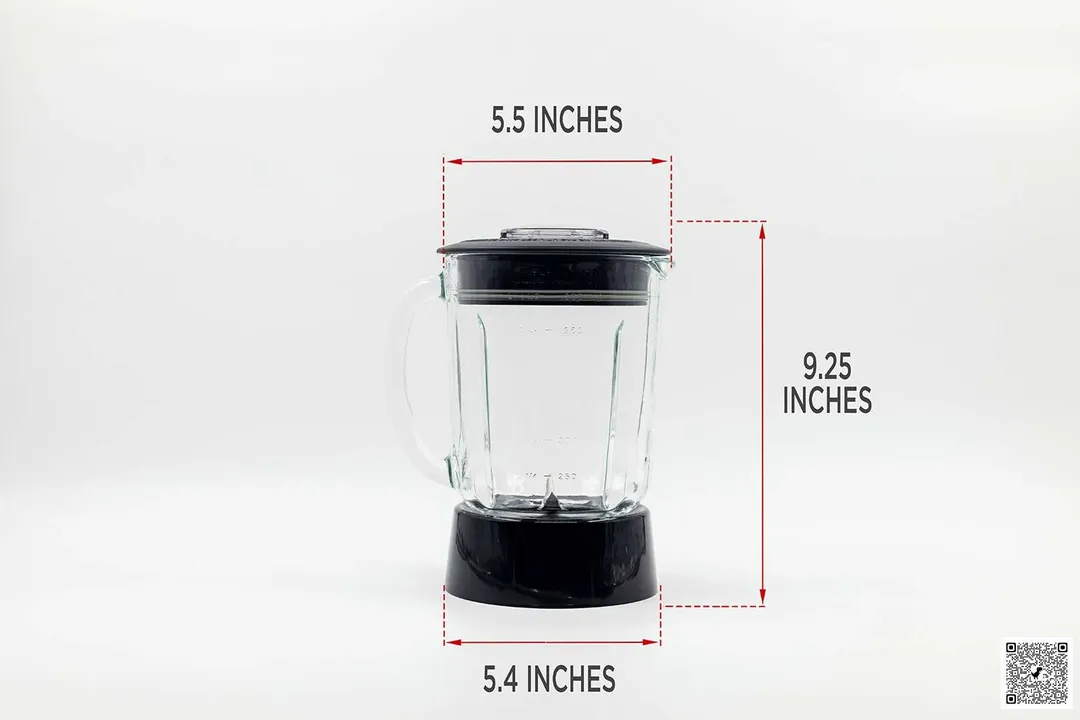 Illustrated dimensions of Cuisinart SmartPower Blender Blending Container showing the height, depth, and width across in inches