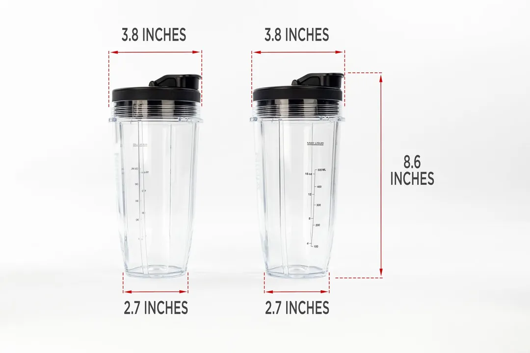 Illustrated dimensions of the Ninja BN401 Nutri Pro personal blender’s cups showing the height, depth, and width in inches