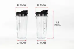 Illustrated dimensions of the Ninja BN401 Nutri Pro personal blender’s cups showing the height, depth, and width in inches