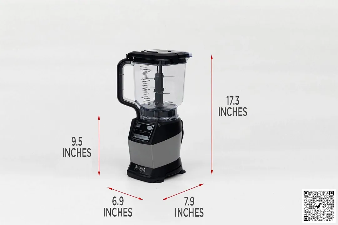 Illustrated dimensions of the Ninja AMZ493BRN blender showing the height, length, and width in inches