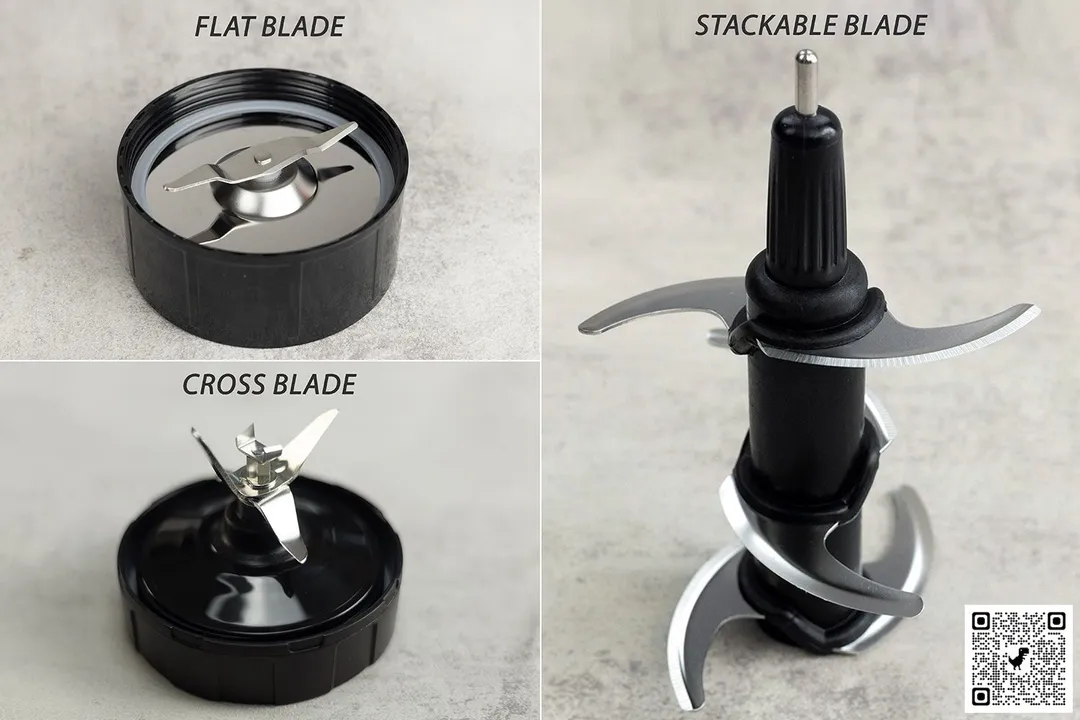 A close-up of the cross blade, flat blade, and stackable blade
