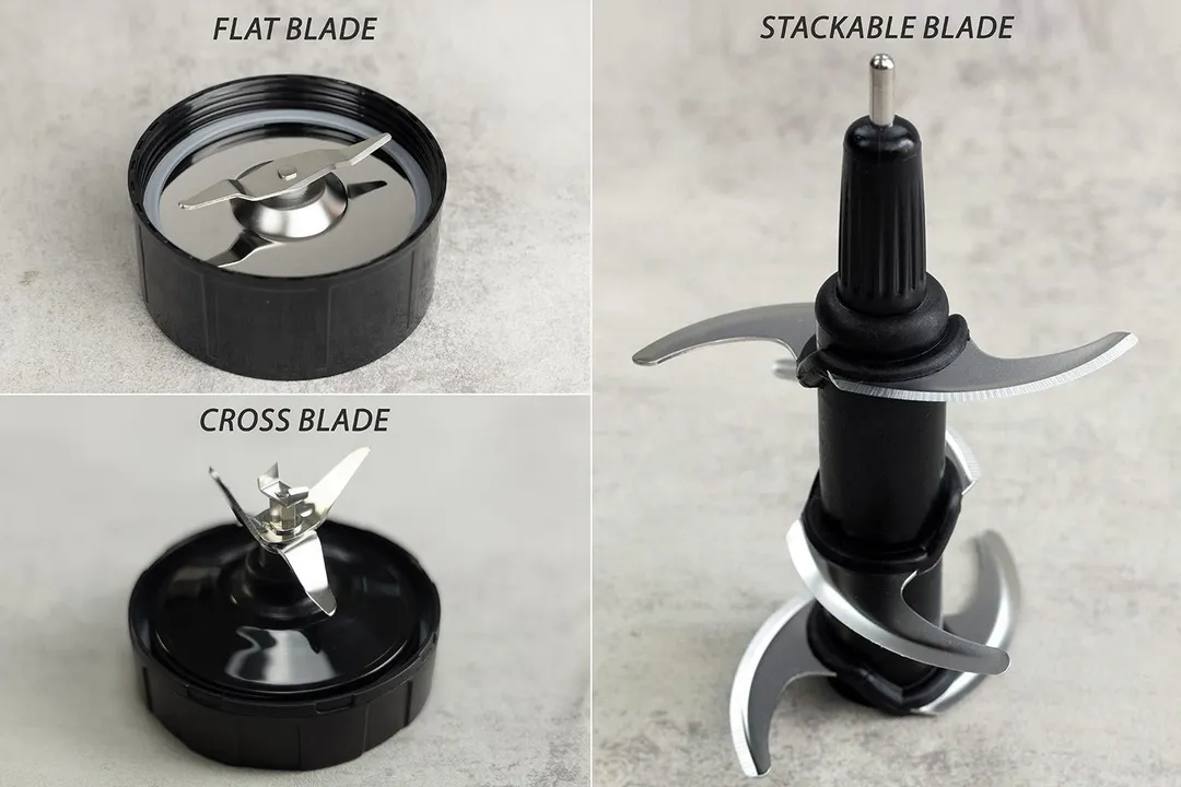 A close-up of the flat blade, stackable blade, and cross blade.