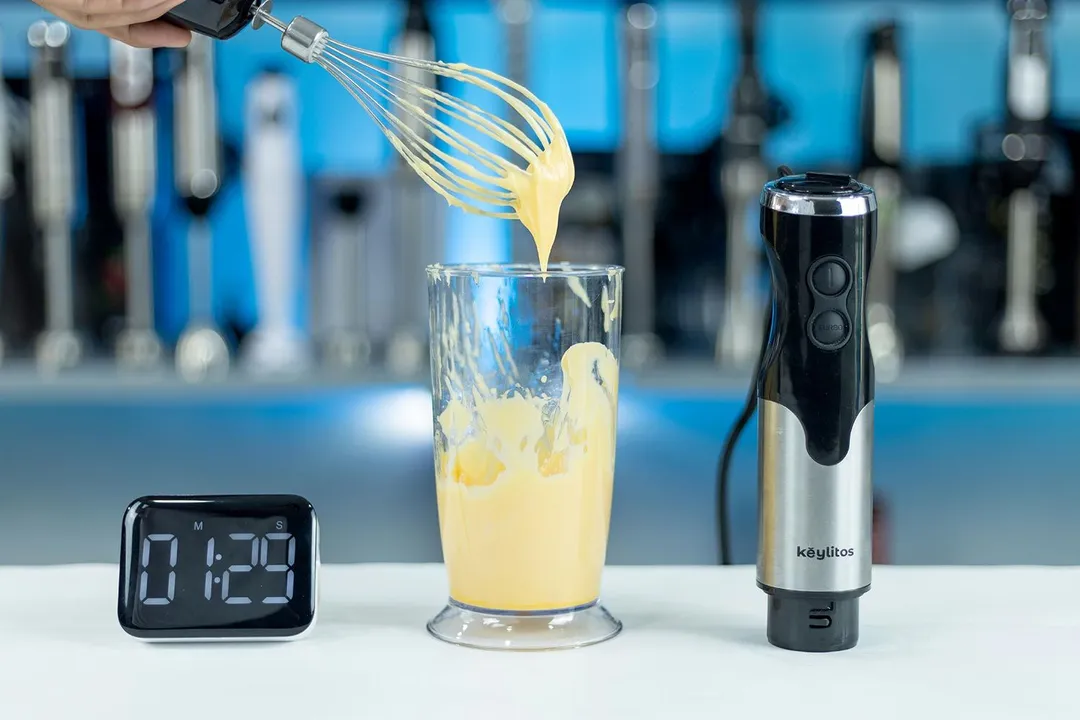 A little bit of mayonnaise sticking in the whisk attachment of the Keylitos 5-in-1.
