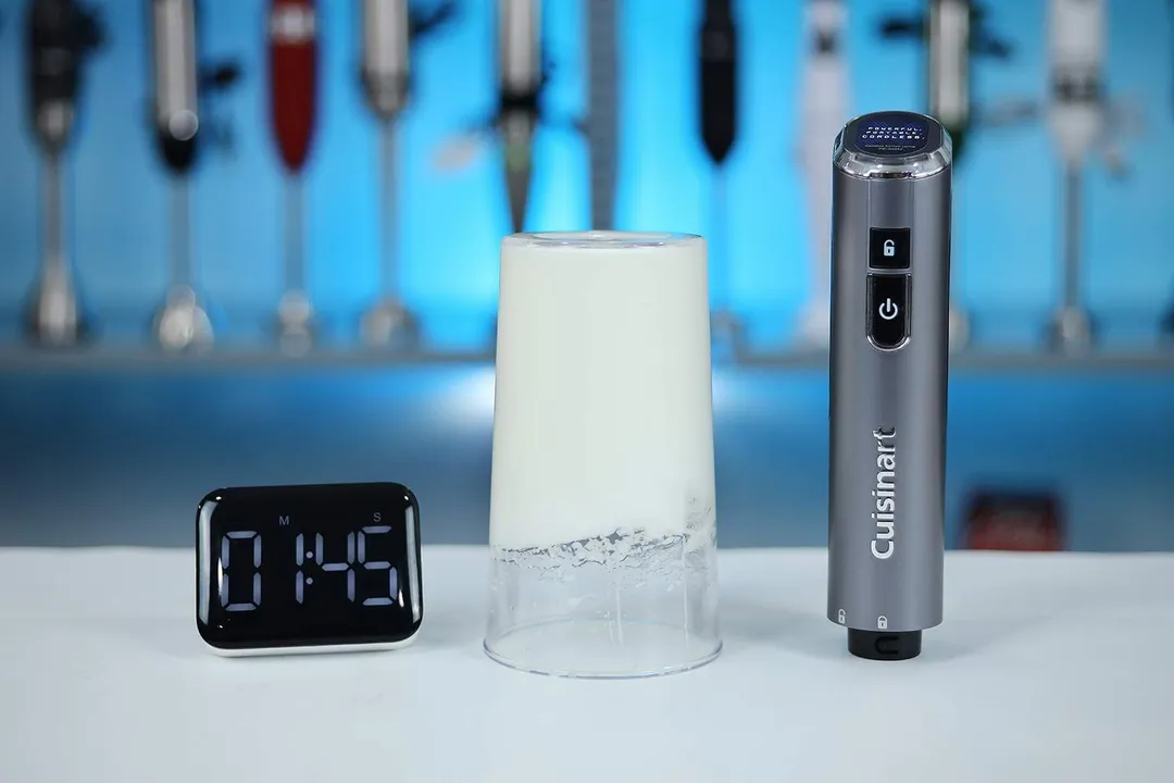 A beaker containing beaten egg-white made by the Cuisinart EvolutionX RHB-100TG immersion blender in 1 minute and 45 seconds is put upside down on the table.