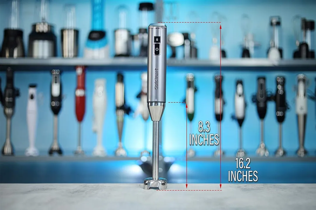 The Cuisinart EvolutionX RHB-100TG standing on a table, with the length of its blending shaft being noted to the side as 8.3 inches, and the total length of the unit as 16.2 inches.