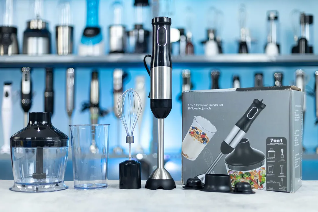 The LinkChef Immersion Blender and its accessories.