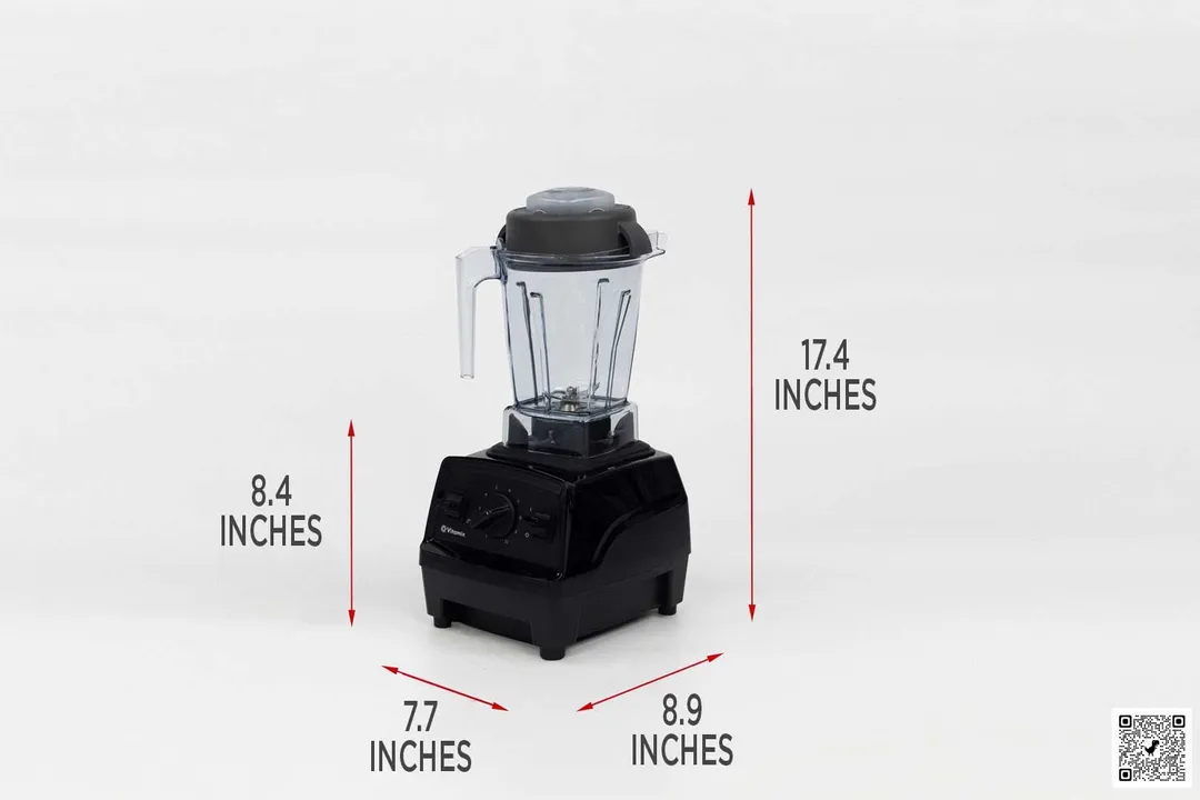 Illustrated dimensions of the Vitamix E310 blender showing the height, length, and width in inches