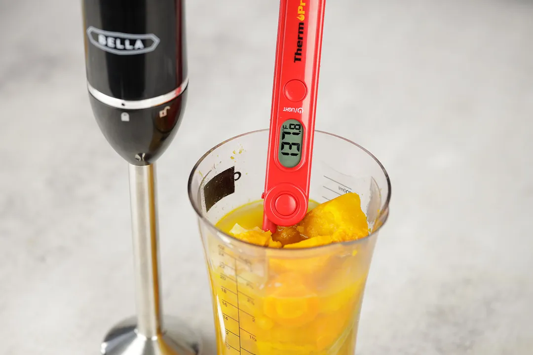 thermometer in soup, a hand blender