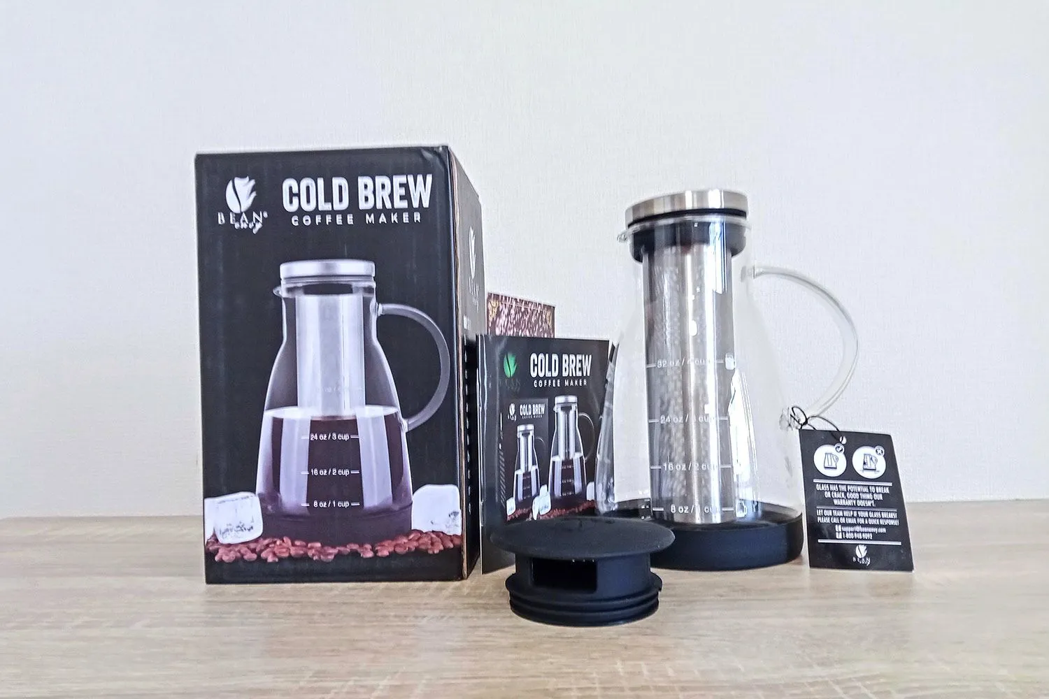  Bean Envy Cold Brew Coffee Maker - 32 oz Glass Iced Tea & Coffee  Cold Brew Maker and Pitcher w/Silicone Cap & Base: Home & Kitchen