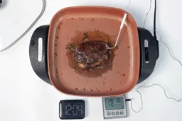 A piece of deep golden brown steak inside the Bella Non-Stick Electric Skillet 14607. In front of the skillet is a digital timer and a meat thermometer with its probe inserted into the steak.