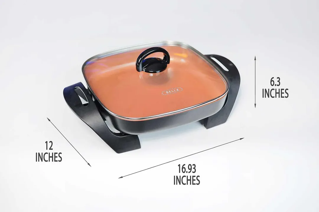 The Bella Non-Stick Electric Skillet 14607 is 16.93 inches in length, 12 inches in width, and 6.3 inches in height.