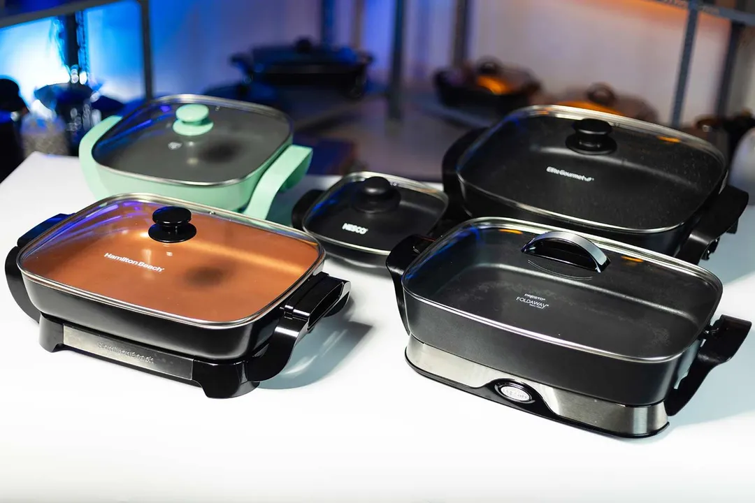 Top 5 best electric skillets including the Hamilton Beach Ceramic 38529K, the Presto Foldaway 06857, the Elite Gourmet EG-6203, the GreenLife CC003725-002, and the Nesco ES-08.