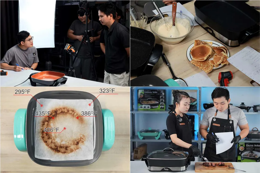 A photo collage of people using equipment to test and note down results on different electric skillets.