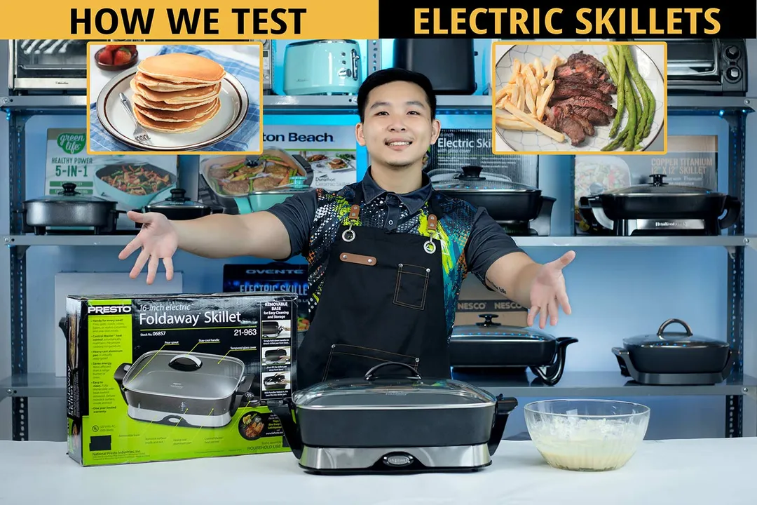 How we test electric skillets. A person opening his arms towards a photo of a plate of pancakes on the left and a plate of steak, fries, and asparagus on the right.