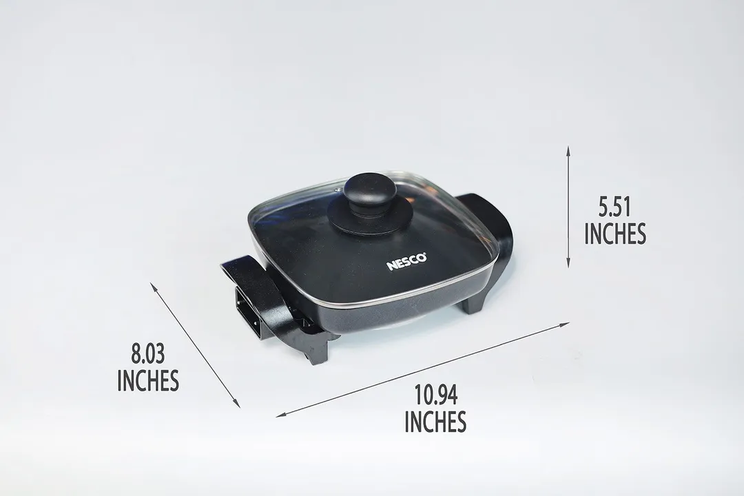 The Nesco Non-Stick Electric Skillet ES-08 is 10.94 inches in length, 8.03 inches in width, and 5.51 inches in height.