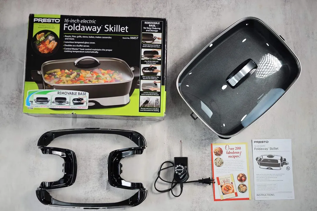 On the upper right is the Presto Foldaway Non-Stick Electric Skillet 06857. On the left is its cardboard box. Below the skillet from right to left is an instruction manual, a thermostat, and a detachable base.