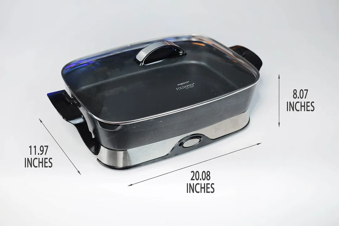 The Presto Foldaway Non-Stick Electric Skillet 06857 is 20.08 inches in length, 11.97 inches in width, and 8.07 inches in height.