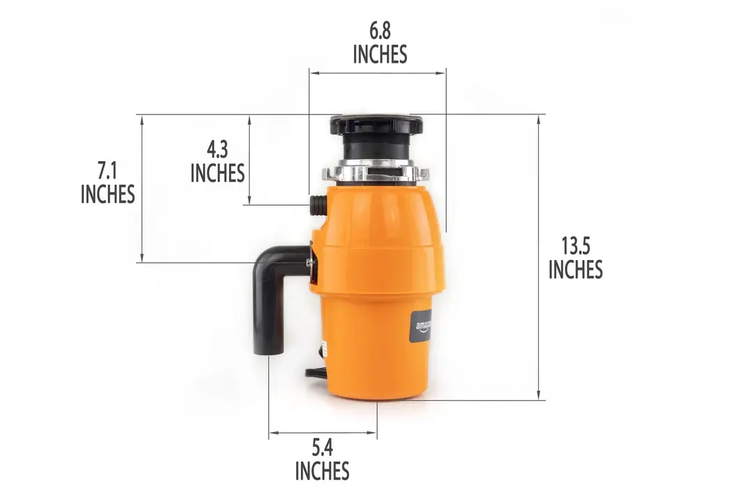 Amazon 1/2-hp disposer with mount assembly and elbow tube. Showing 6.8-inch width, 13.5-inch height, 4.3-inch depth to dishwasher outlet, 7-inch depth to outlet, 5.4-inch distance to elbow tube.